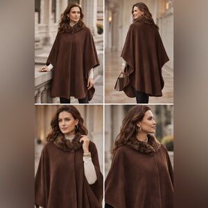 East 5th Brown Fleece Poncho Cape Faux Fur Collar One Size Fits Most